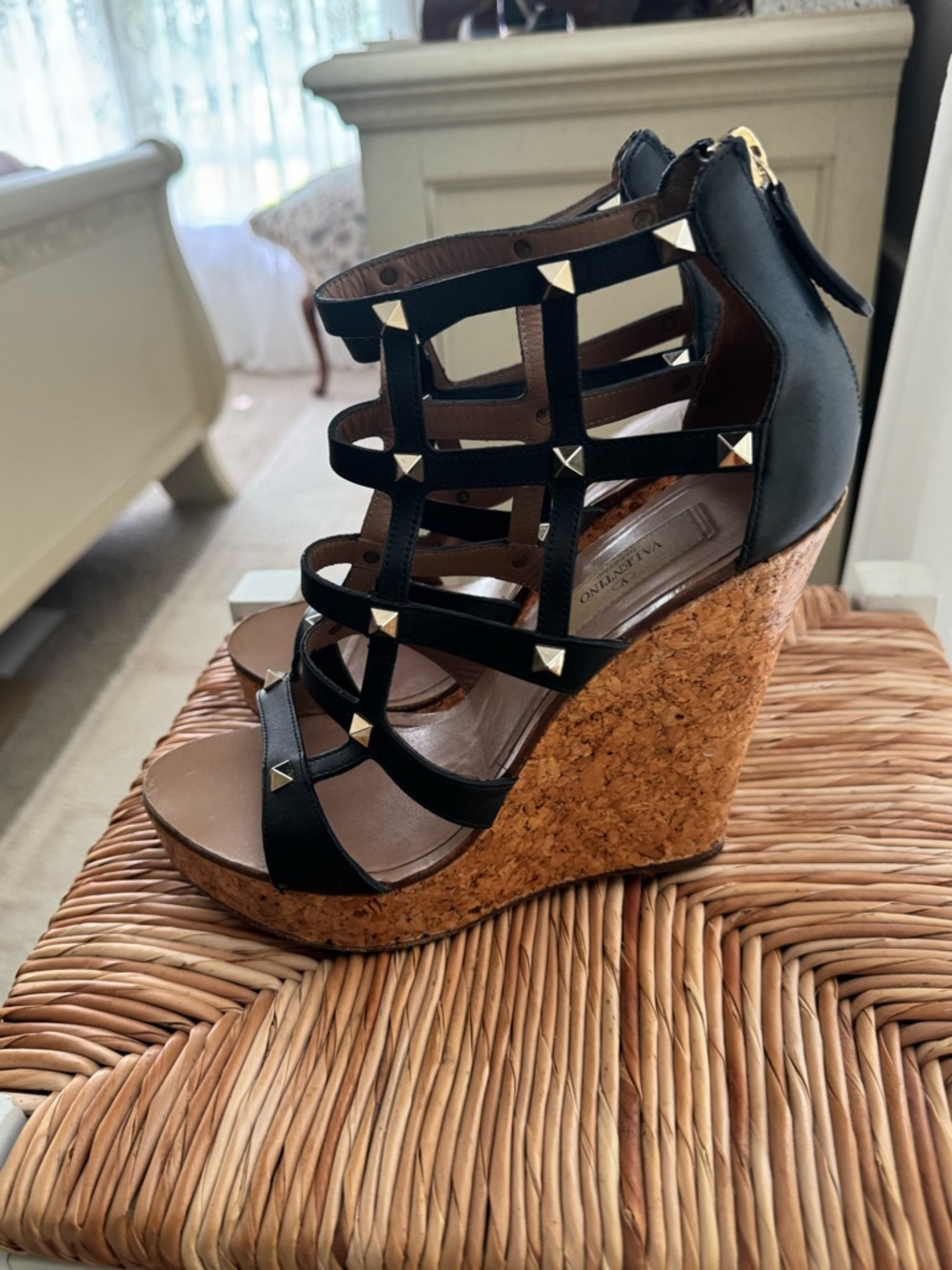 Valentino Garavani Black Leather Pyramid-Stud Strappy Heels - Picture 2 of 5